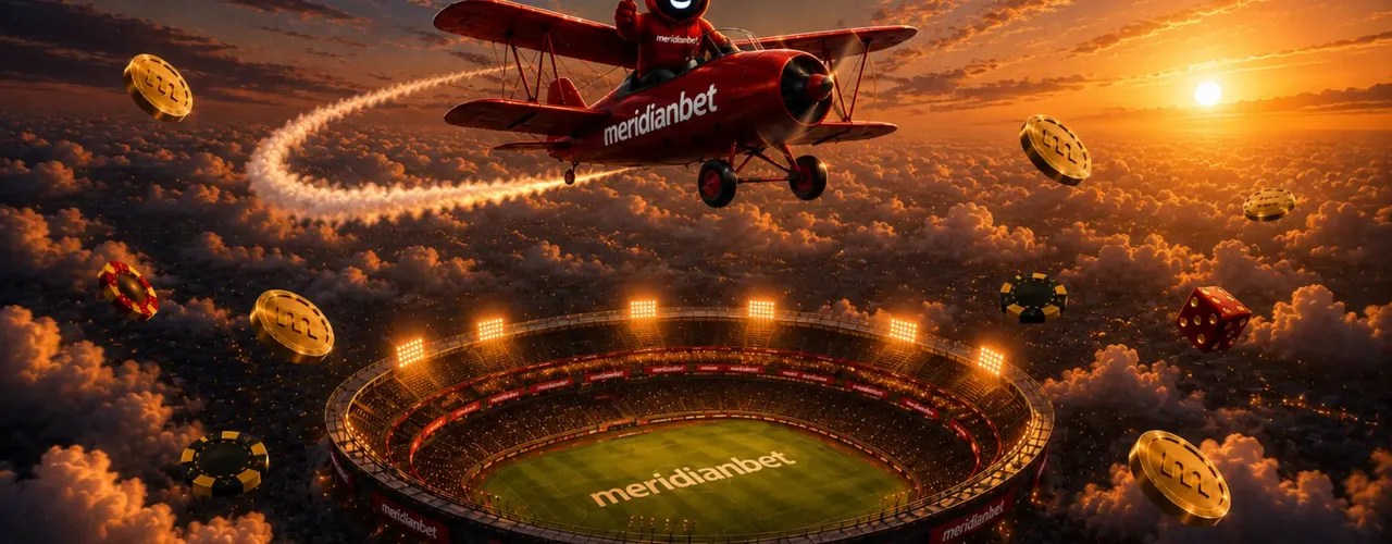 A biplane towing a MeridianBet banner over a packed football stadium at dusk